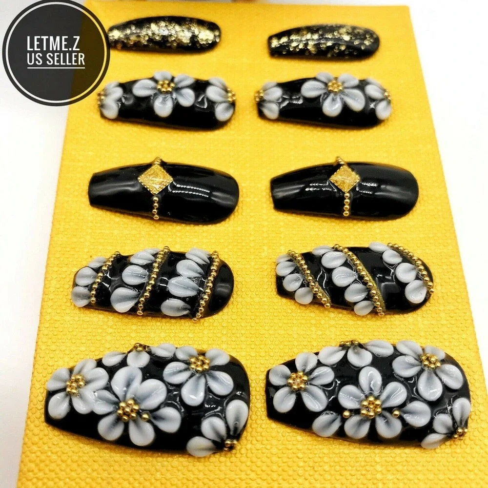 Press on‎ Nails Glue On Long Coffin 3D Black Gold
